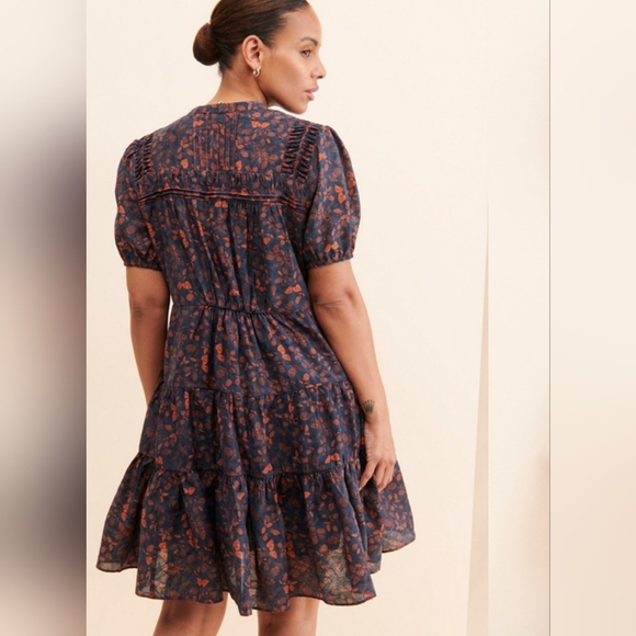 Anthropologie Current Air Navy & Rust Print Tiered Mini Baby Doll Dress | Medium - Picture 2 of 7